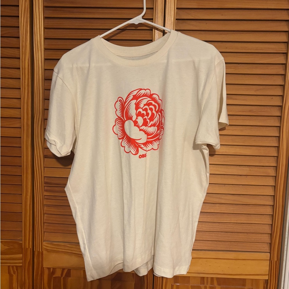 Obey Cream Tee with Red Floral Design